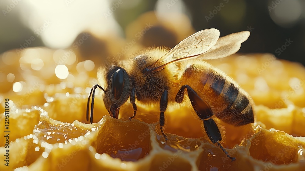 Close-up of a bee collecting nectar from honeycomb in a vibrant garden setting Close-up of a bee collecting nectar from honeycomb in a vibrant garden setting