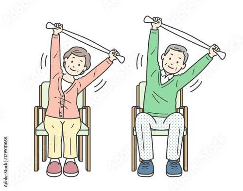 椅子に座ってストレッチをする高齢男女イラストセット