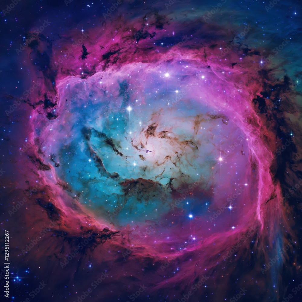 Fototapeta premium A swirling nebula of vibrant colors, including pink, purple, blue, and green. The nebula is filled with stars and has a dark central region. The background is a deep blue