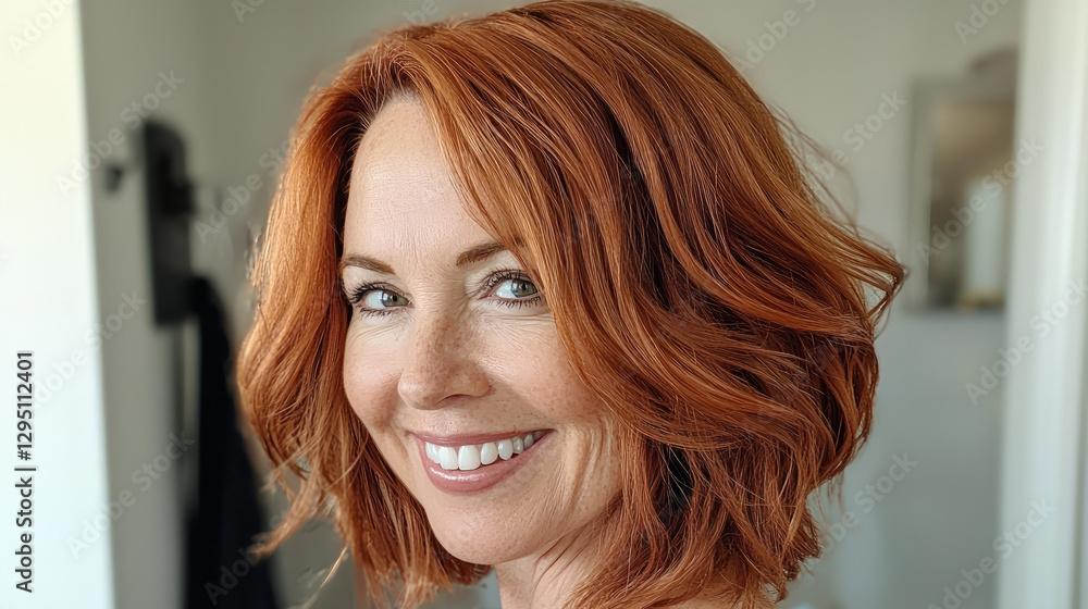 A 50 year old woman with copper-colored hair, smiling and looking at the camera, generative AI A 50 year old woman with copper-colored hair, smiling and looking at the camera, generative AI