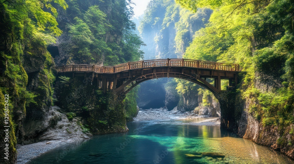 Wooden bridge over river gorge, lush green mountains, tranquil scene, travel poster Wooden bridge over river gorge, lush green mountains, tranquil scene, travel poster