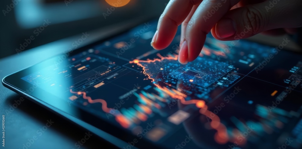 Close-up tablet displaying complex digital data analysis , problem-solving, strategy Close-up tablet displaying complex digital data analysis , problem-solving, strategy