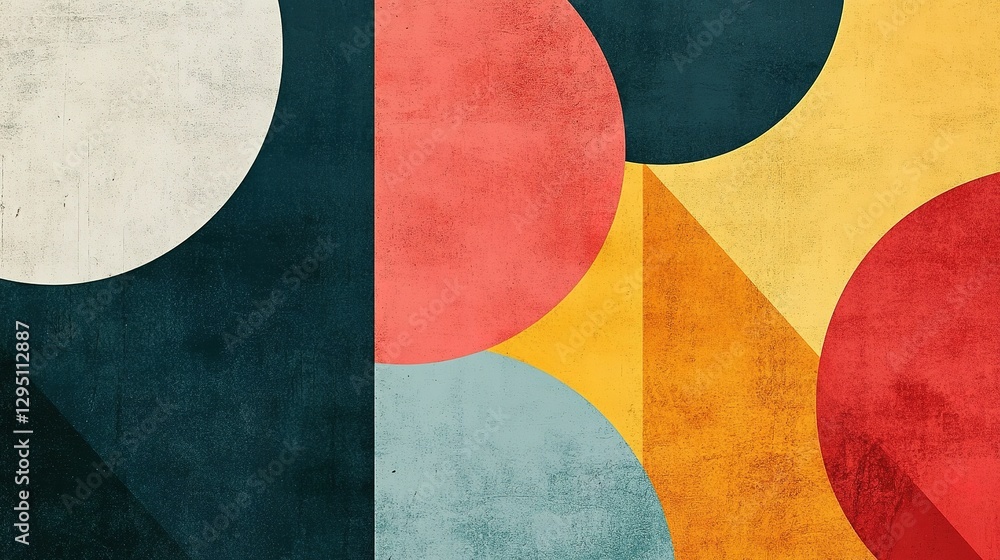 A colorful abstract geometric composition with circular and angular shapes A colorful abstract geometric composition with circular and angular shapes