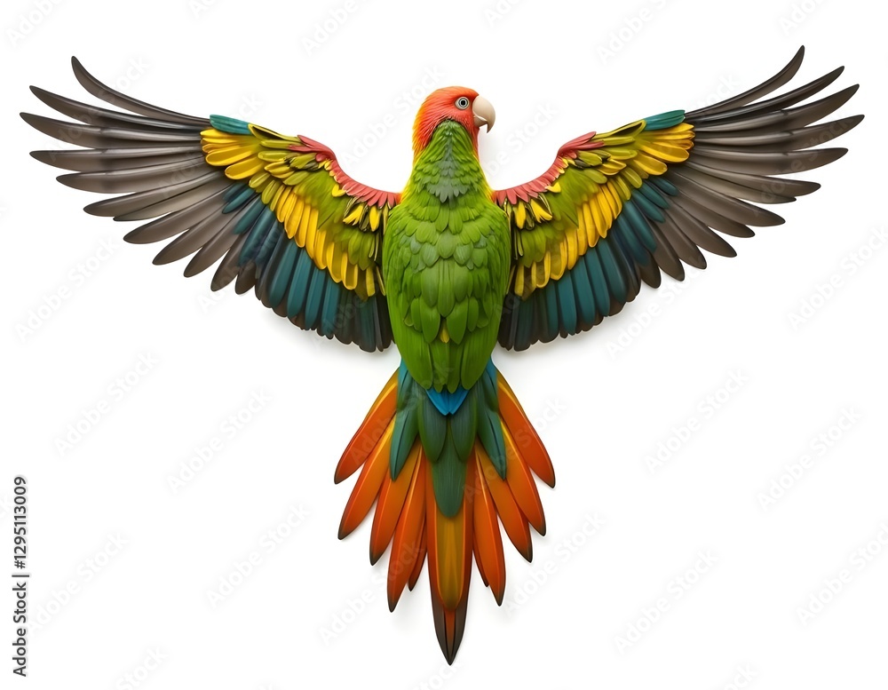 Fototapeta premium Close-up of a parrot with bright colors covering its pointed feathers highlighting its wide, curved wings and looking very beautiful