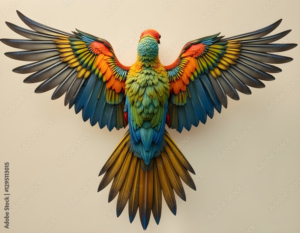 Fototapeta premium Close-up of a parrot with bright colors covering its pointed feathers highlighting its wide, curved wings and looking very beautiful