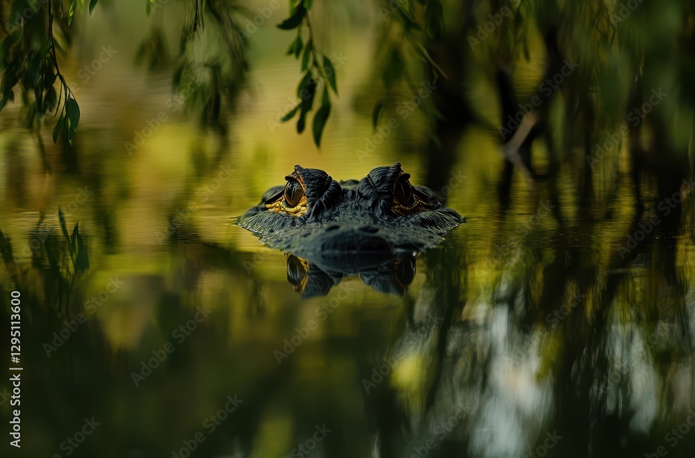 Fototapeta premium Majestic Alligator Lurking Beneath Water Surface Surrounded by Lush Greenery in a Serene Natural Habitat