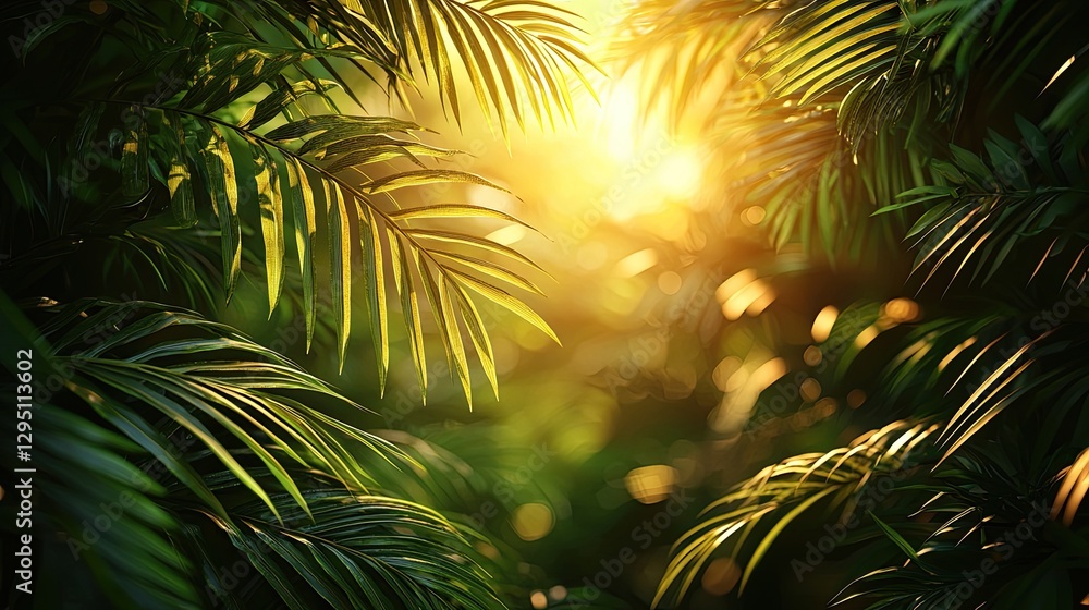 Lush green palm leaves illuminated by golden sunlight in a vibrant tropical forest setting Lush green palm leaves illuminated by golden sunlight in a vibrant tropical forest setting
