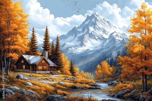 Serene autumn cabin nestled in a mountain valley.
