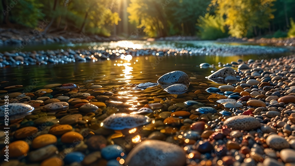 Fototapeta premium Tranquil Stream with Golden Reflections at Sunset
