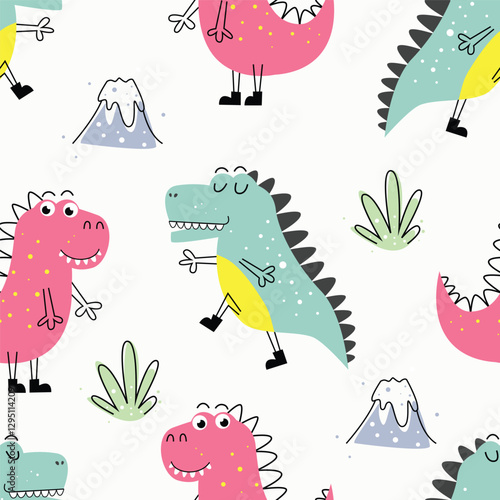 Seamless pattern cute dinosaurs with volcano and prehistoric plant. Childish and playful characters with colorful colors. Vector illustration.