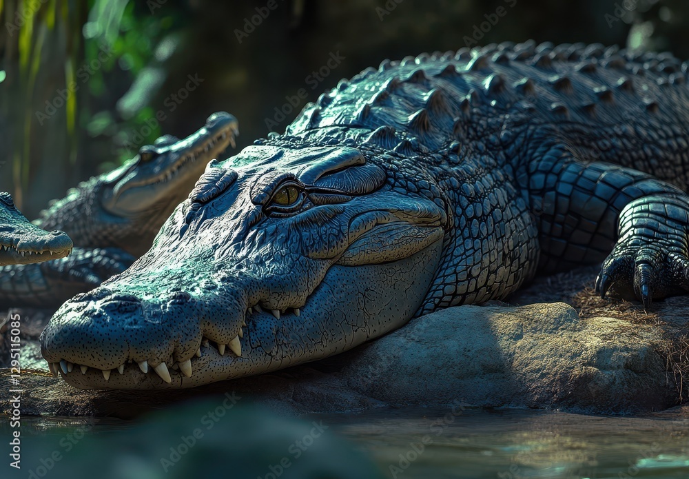 Fototapeta premium Majestic crocodile resting on rocky shore by serene water, showcasing its textured skin and powerful presence in lush natural environment