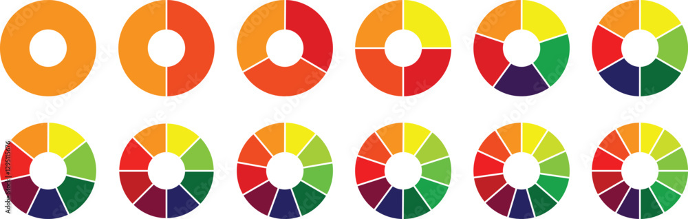 Pie chart color icons. Circle pie chart set. Segment slice sign. Circle section graph. 2,3,4,5,6,7,8,9,10,11,12 segment infographic. Colorful diagram collection. Vector illustration. Circle graph set. Pie chart color icons. Circle pie chart set. Segment slice sign. Circle section graph. 2,3,4,5,6,7,8,9,10,11,12 segment infographic. Colorful diagram collection. Vector illustration. Circle graph set.