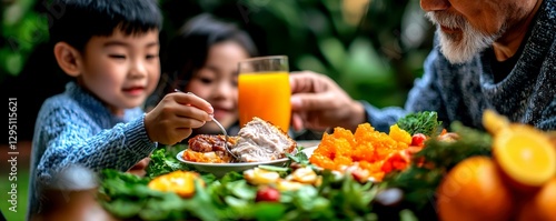 Family Gathered Around Feast Table Sharing Meal Joyful Celebration with Grandparent and Children photo