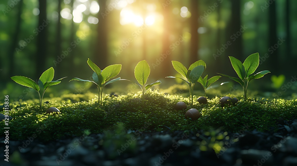 Sunlit saplings sprouting in forest moss