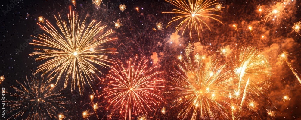 Naklejka premium Vibrant fireworks burst into brilliant colors, lighting up the dark night sky against a deep black backdrop.