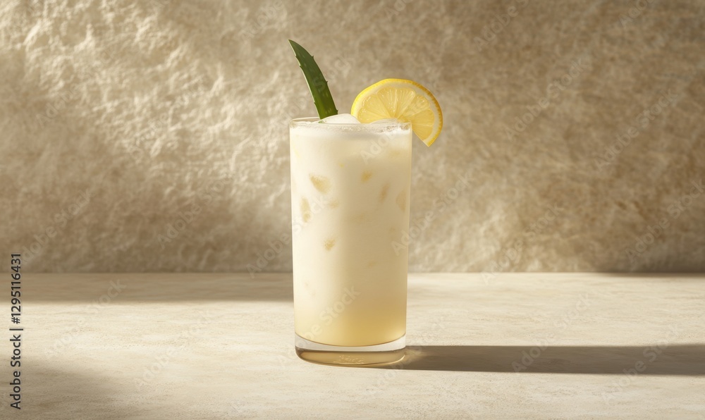 Creamy lemon cocktail with ice and leaf garnish on sunny table Creamy lemon cocktail with ice and leaf garnish on sunny table