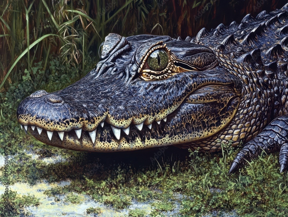 Obraz premium Realistic close-up of a crocodile resting in a lush swamp showcasing intricate details of scales, eyes, and surrounding green foliage under natural light