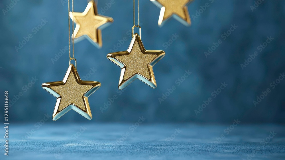 Fototapeta premium Celestial Ornaments Golden Stars Adorn Azure Backdrop Holiday Festive Shiny Decorations Glow