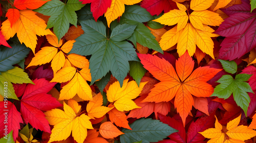 Maple leaves with various colors and shapes, repeating patterns, natural and detailed impression, dense texture, warm and natural impression, autumn Maple leaves with various colors and shapes, repeating patterns, natural and detailed impression, dense texture, warm and natural impression, autumn