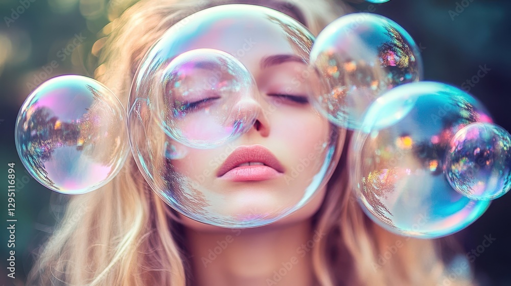 A serene Arab woman with closed eyes joyfully blows bubbles into the air, creating a whimsical and peaceful atmosphere. A serene Arab woman with closed eyes joyfully blows bubbles into the air, creating a whimsical and peaceful atmosphere.