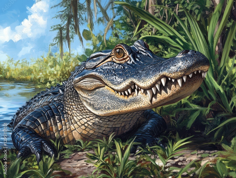 Fototapeta premium Realistic depiction of a crocodile in natural habitat showcasing lush greenery and serene water reflecting the blue sky during a bright sunny day
