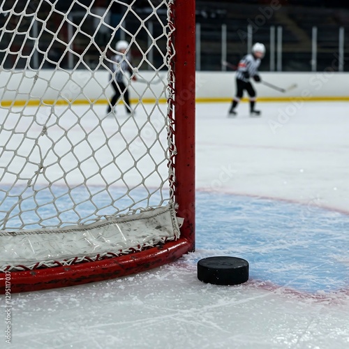 a hockey puck jammed against the goal net, cords stretched thin, with an icy rink and skaters’ blades faintly visible in the background photo