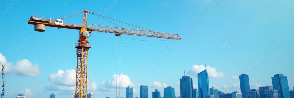 Construction crane rotates arrow against blue sky, city building backdrop, jib, boom, urban Construction crane rotates arrow against blue sky, city building backdrop, jib, boom, urban