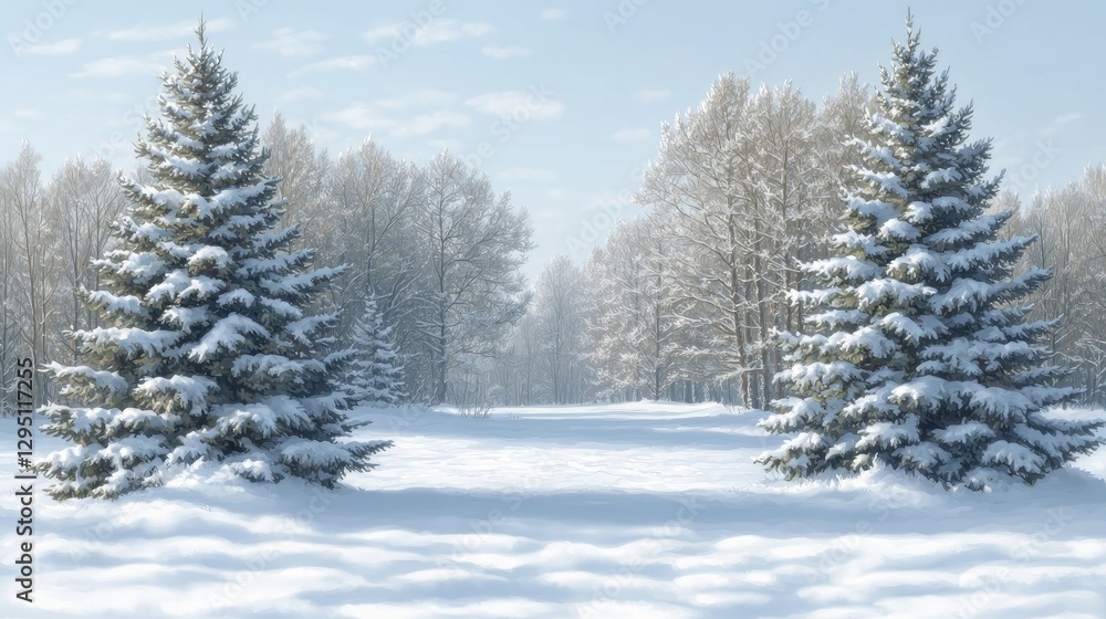 Snow-covered evergreen trees lining a serene winter landscape with soft clouds in the background