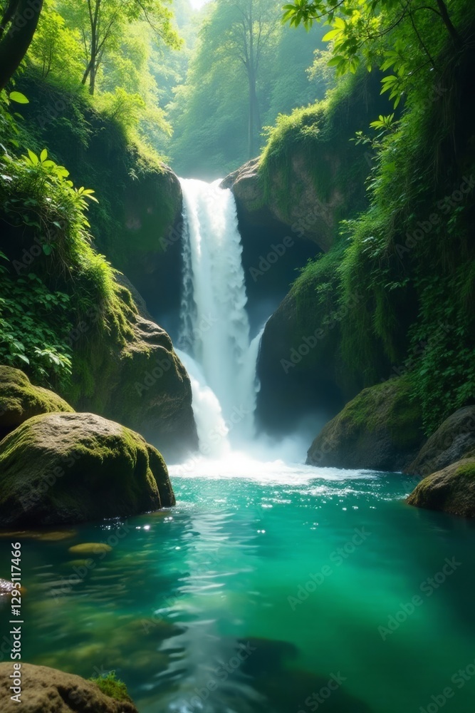 Fototapeta premium Emerald water cascades down mossy rocks, lush jungle surrounds , nature, leaves, exploration