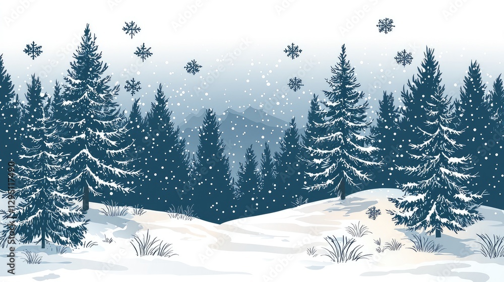 Winter landscape with snow-covered trees and falling snowflakes in a serene atmosphere Winter landscape with snow-covered trees and falling snowflakes in a serene atmosphere