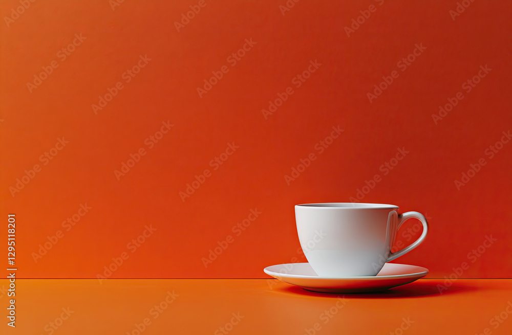A white cup on a saucer against a vibrant orange background. A white cup on a saucer against a vibrant orange background.