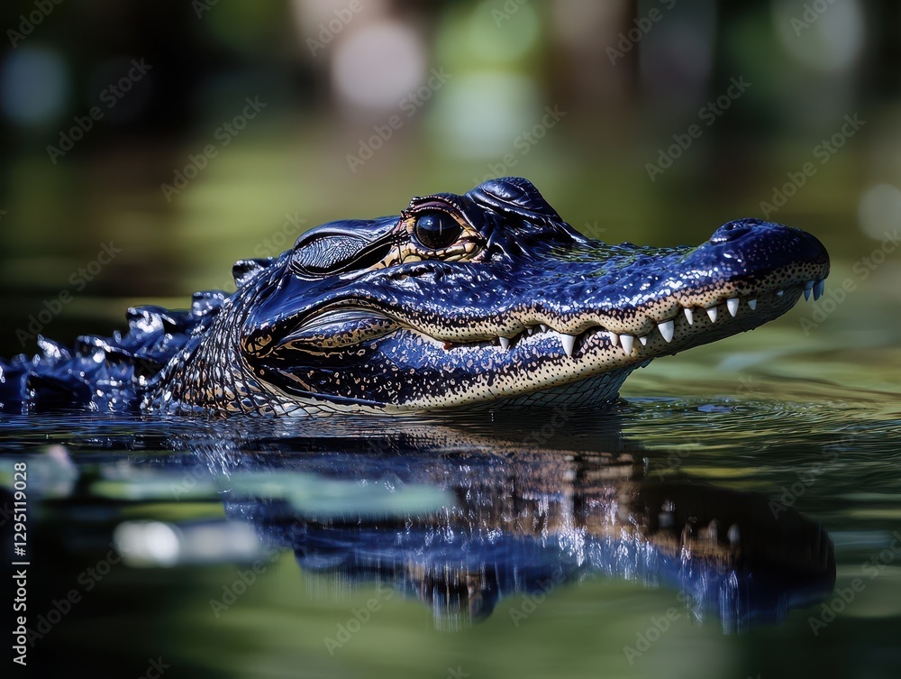 Fototapeta premium Stunning Close-Up of Alligator Head Breaking Water Surface in Peaceful Natural Setting with Reflection and Vibrant Background