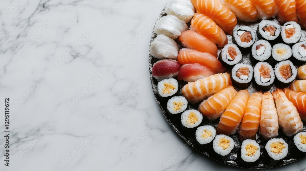 Assorted Sushi Rolls and Sashimi on a Platter