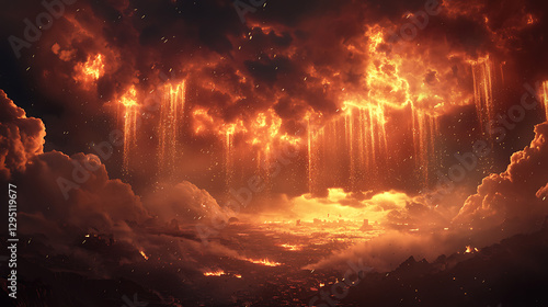 A fiery orange sky with a lot of rain falling from it