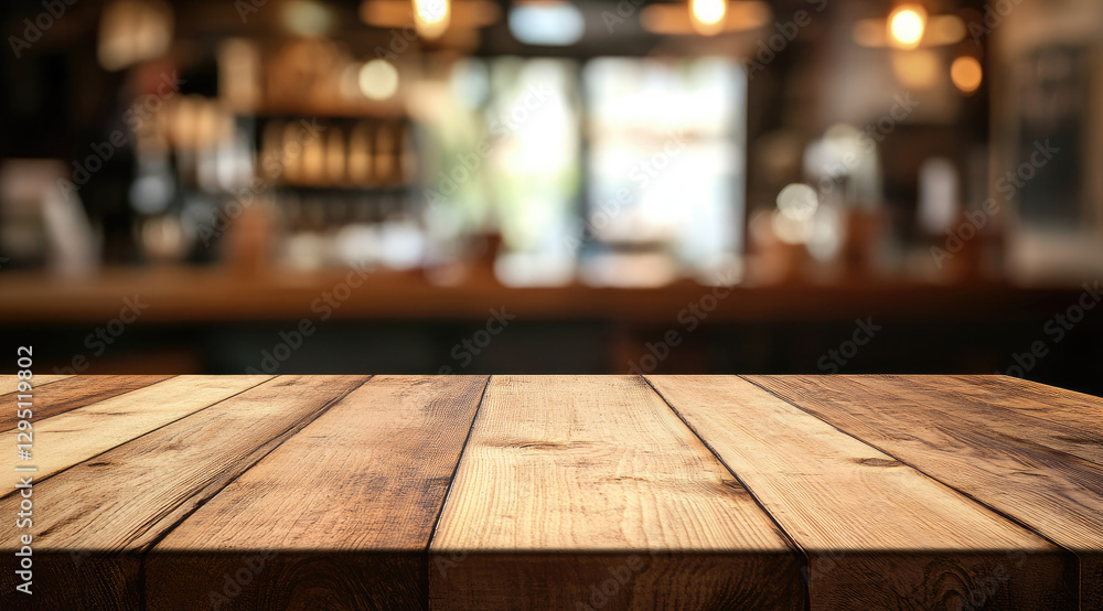 A wooden tabletop in a cozy caf? setting, with a blurred background of a coffee shop. A wooden tabletop in a cozy caf? setting, with a blurred background of a coffee shop.