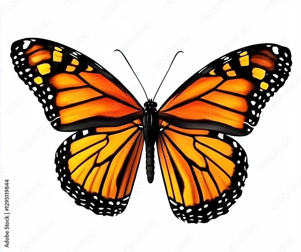 Fototapeta premium Stunning Monarch Butterfly Spreading Its Wings Against a Soft White Background Evoking Feelings of Freedom and Beauty 