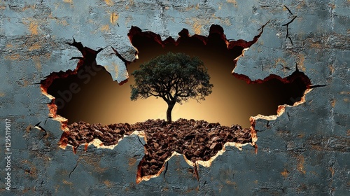 Tree of Hope Emerging from Cracked Wall - Symbol of Resilience and New Beginnings