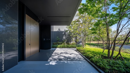 Luxurious modern home entrance blending elegance with nature  showcasing timeless architectural beauty. 