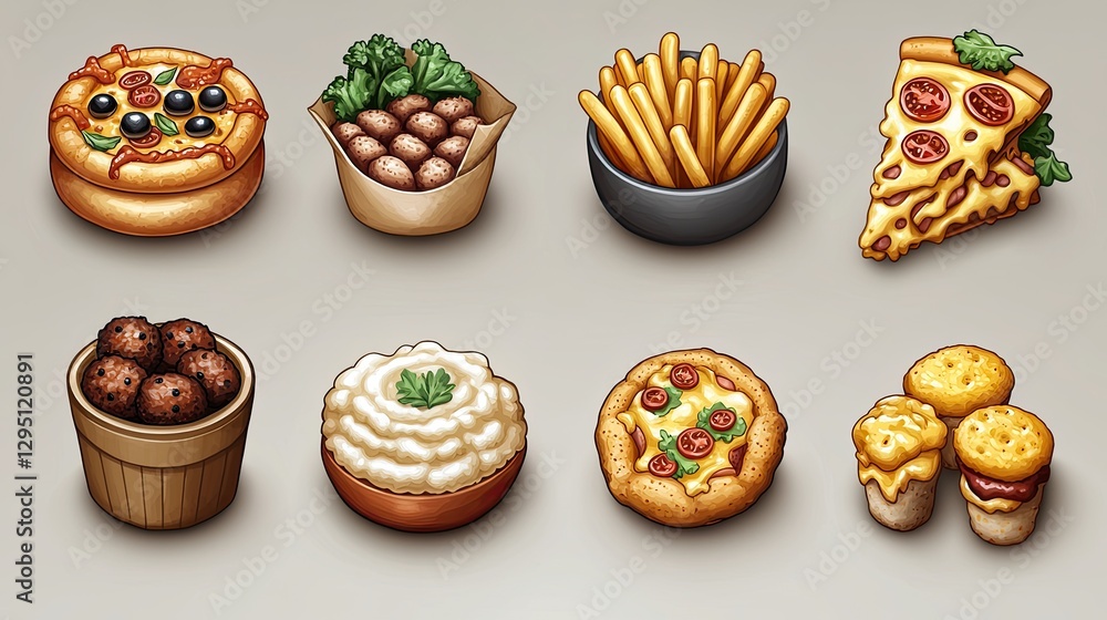 Assorted Delicious Fast Food Items Including Pizza, Fries, and Desserts on a Neutral Background Assorted Delicious Fast Food Items Including Pizza, Fries, and Desserts on a Neutral Background