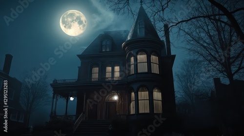 Victorian house, night, full moon, spooky neighborhood, Halloween photo