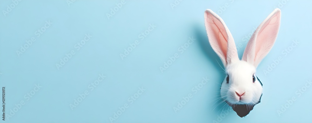 Obraz premium White rabbit ear on pastel blue background. Easter day. copy space 
