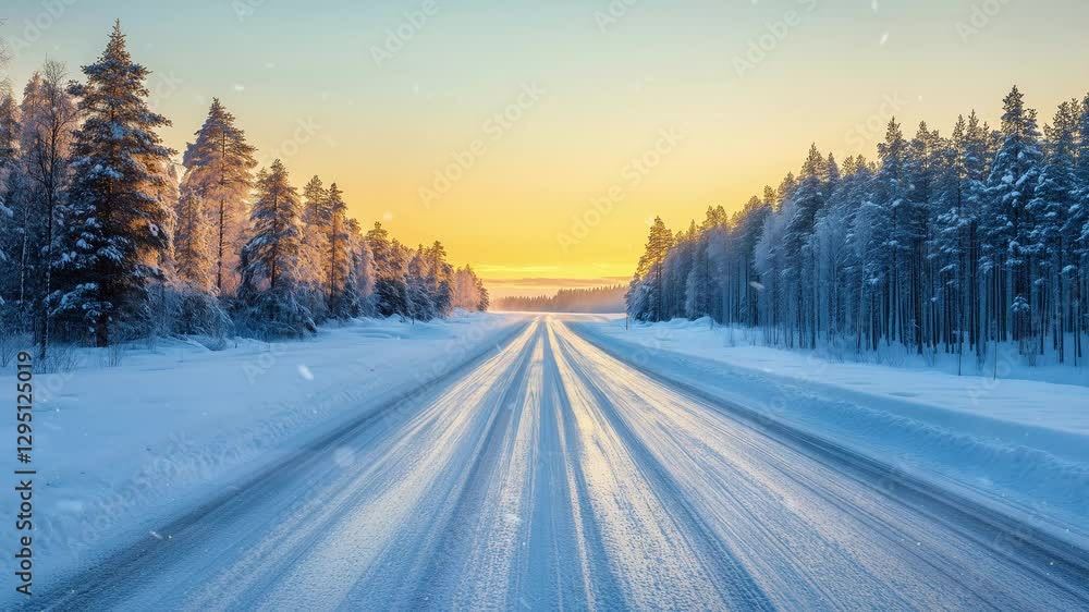 road leading towards colorful sunrise at winter in the morning seamless looping overlay 4k virtual video animation background road leading towards colorful sunrise at winter in the morning seamless looping overlay 4k virtual video animation background