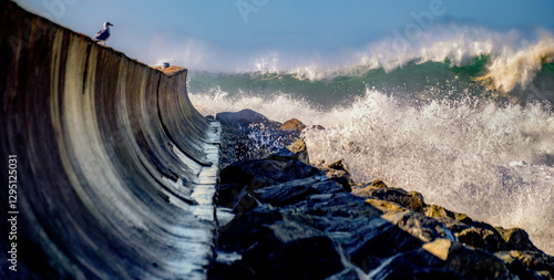 Monstrous waves come to the shoreline of Redondo Beach Breakwater during the onset of a Winter storm, with a seagull watching the entire scene as nature devours the coast