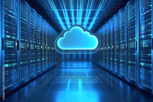 Glowing Cloud Icon Above Rows of Servers in a Modern Data Center