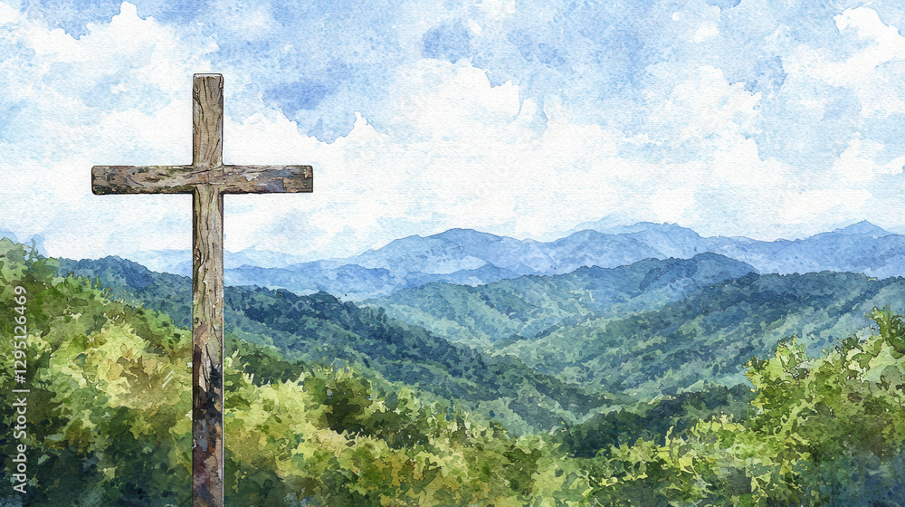 Majestic watercolor image of cross overlooking vast mountain landscape Majestic watercolor image of cross overlooking vast mountain landscape
