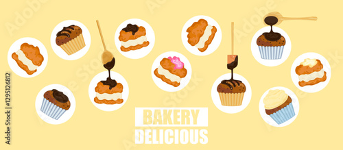 Vector illustration set of different flavors of cute style cake slices. Flat design, isolated on white. Vector illustration of bakery, birthday cake, party, celebration, festival, happy for greeting.
