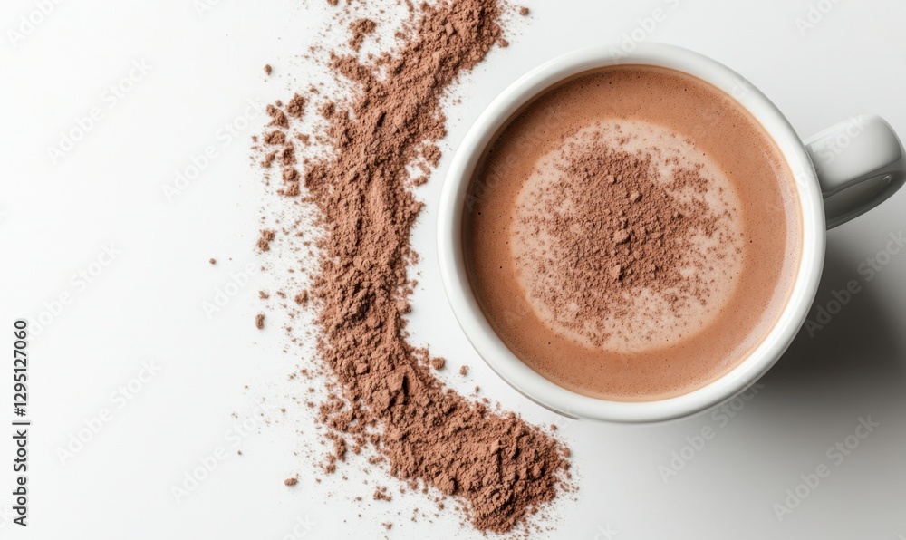 Hot chocolate drink with cocoa powder on white background, overhead view Hot chocolate drink with cocoa powder on white background, overhead view