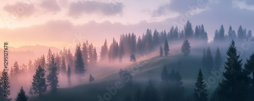 Fog blankets the forest at dusk in a mountain landscape