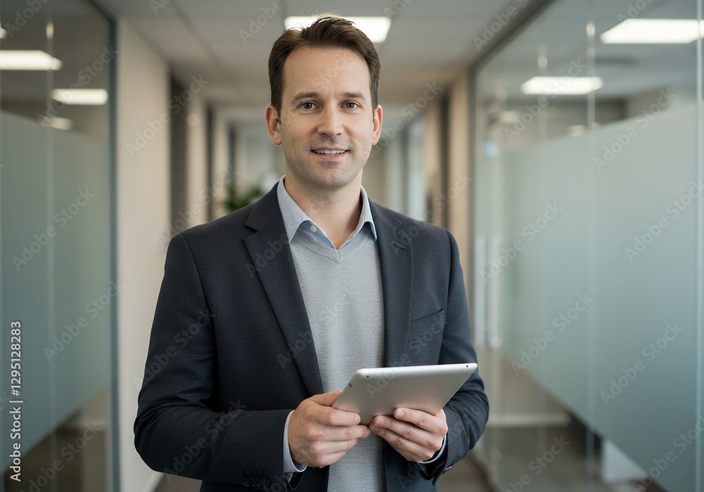 Man Holding Tablet Computer in Modern Office Hallway Smiling Man Holding Tablet Computer in Modern Office Hallway Smiling