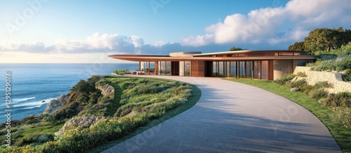 Modern oceanfront house with curved driveway.